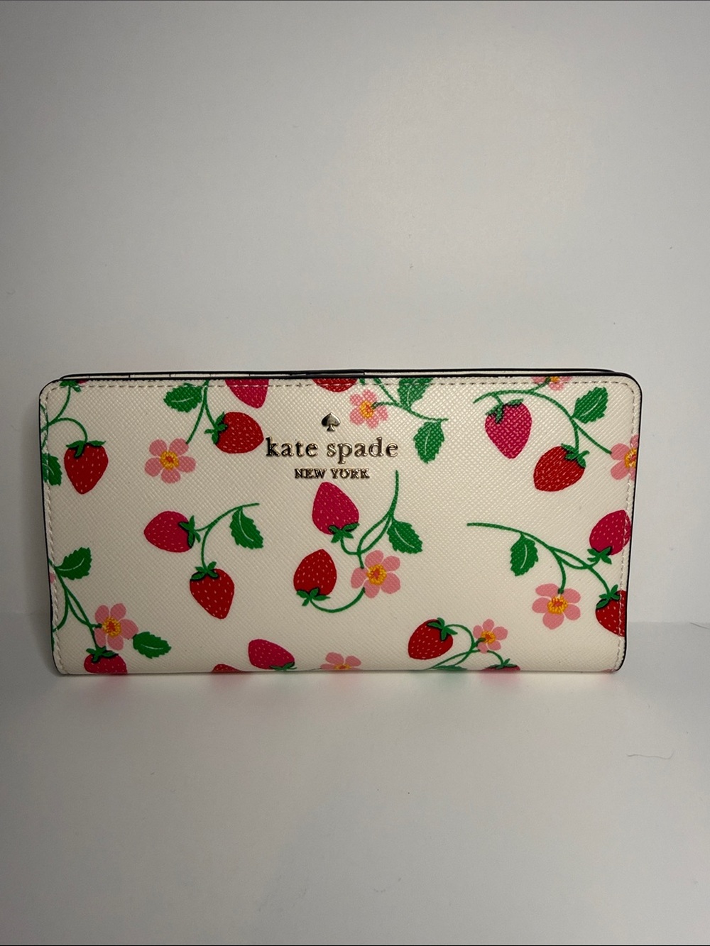 kate spade White Strawberry Print Continental Wallet with Gold Logo